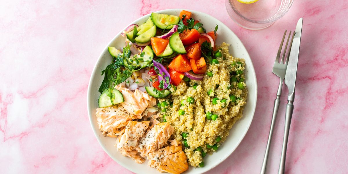 salmon, edamame, quinoa bowl